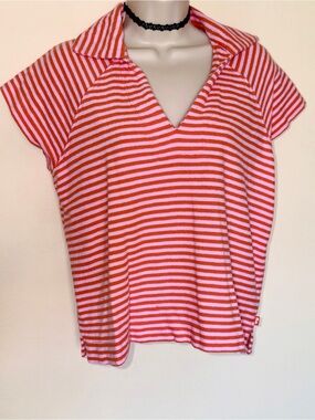 Free Assembly Terry cloth Striped V-Neck Short Sleeve Top - Pink & Orange